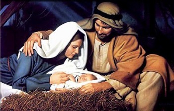 Marie et Joseph penchés sur l’enfant Jésus venant de naître