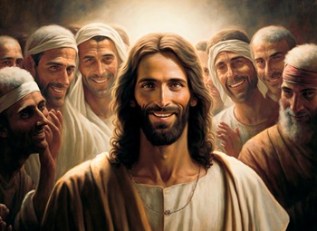 Jésus souriant entouré des siens