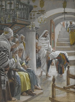 Jésus guérissant une femme sous le regard scandalisé des religieux